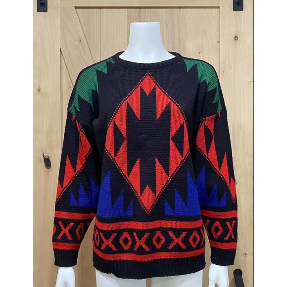 Southwestern Aztec Sweater Red Black Green Boho - Picture 7 of 7